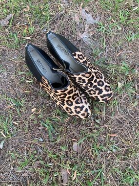 MICHAEL Michael Kors Leopard Print Slip-On Heels — Tan/Black